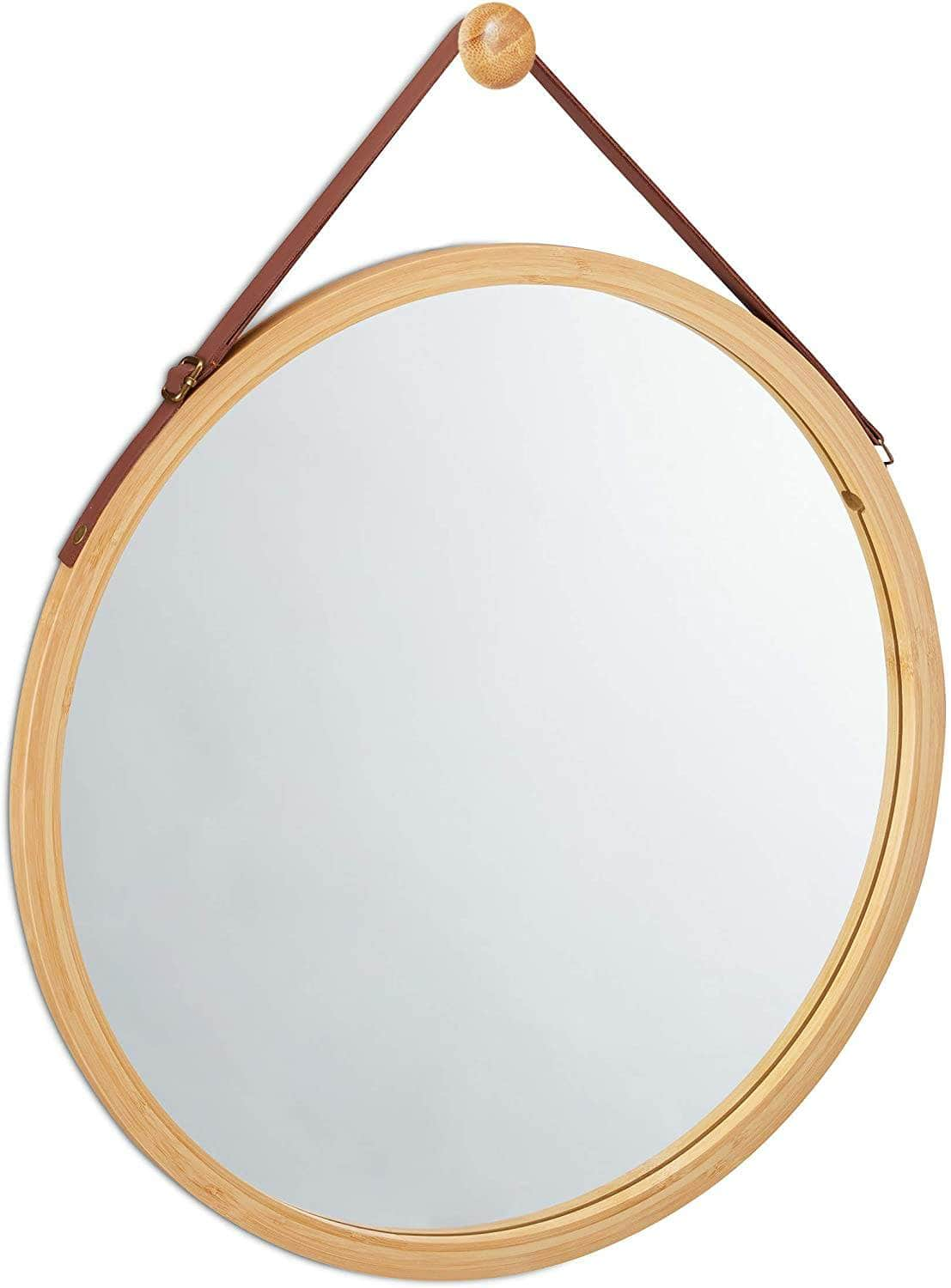 Hanging Round Wall Mirror 38 Cm - Solid Bamboo Frame And Adjustable Leather