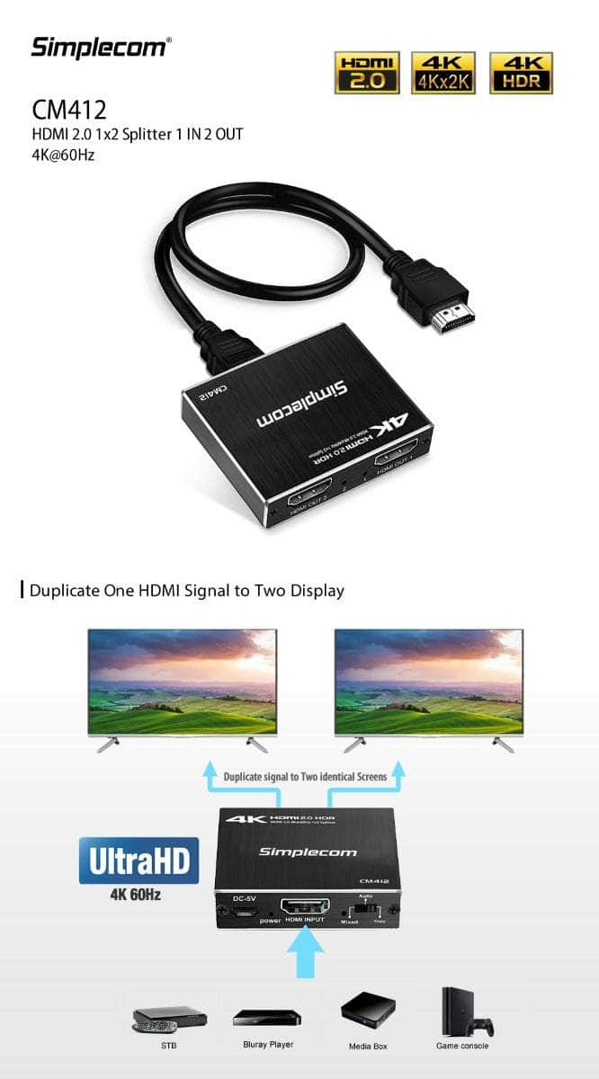 Hdmi 2.0 1X2 Splitter 1 In 2 Out 4K@60Hz Hdr10 2 Port Hdmi Duplicator