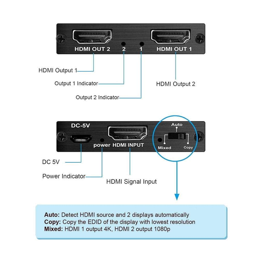 Hdmi 2.0 1X2 Splitter 1 In 2 Out 4K@60Hz Hdr10 2 Port Hdmi Duplicator