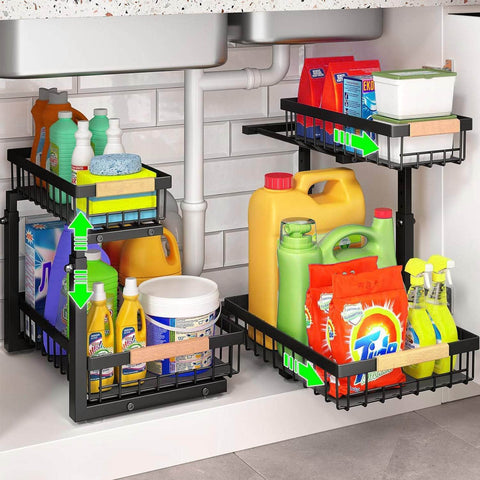 Heavy-Duty 2-Tier Under Sink Organizer - Adjustable Slide Rail Design