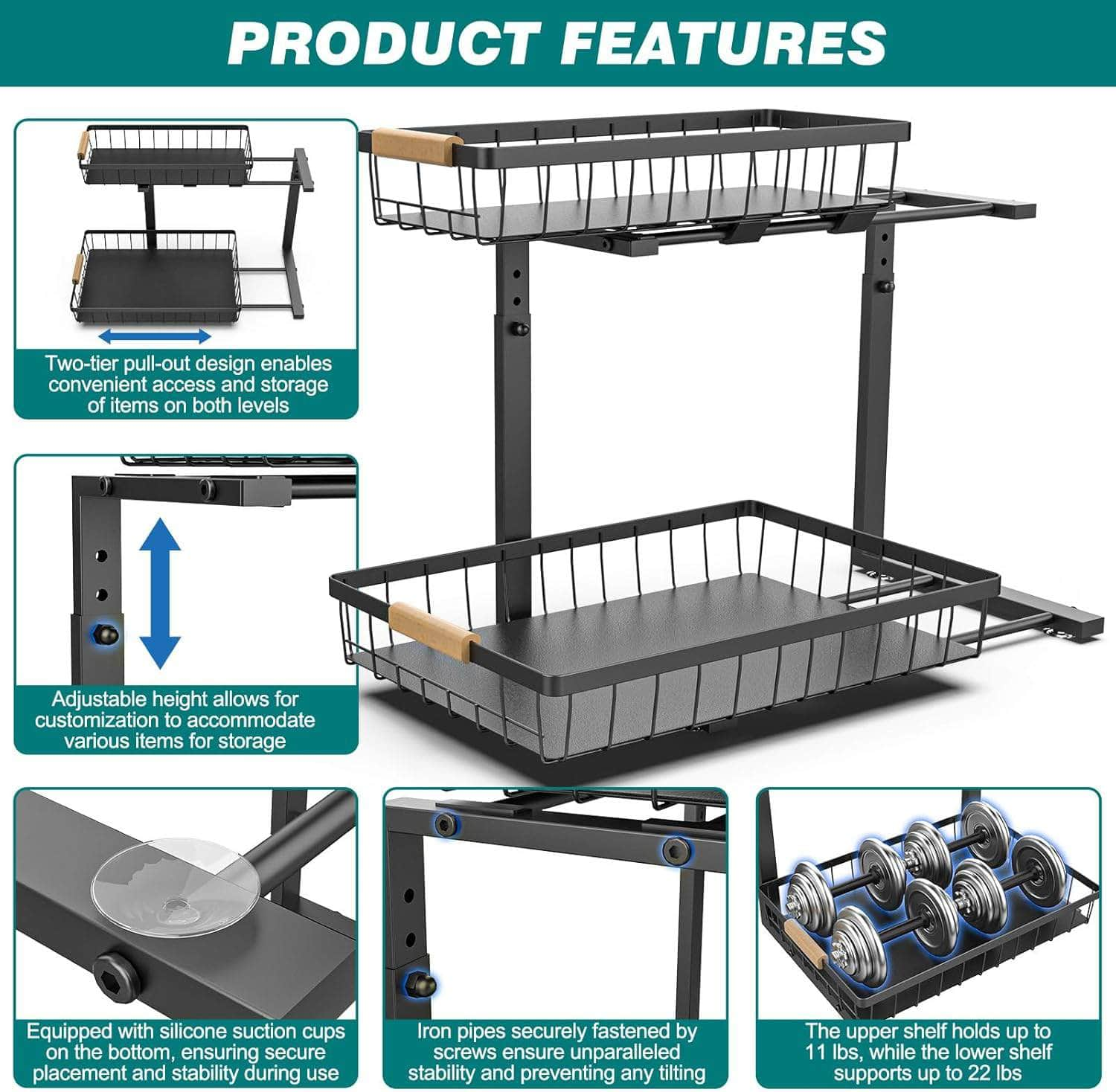 Heavy-Duty 2-Tier Under Sink Organizer - Adjustable Slide Rail Design