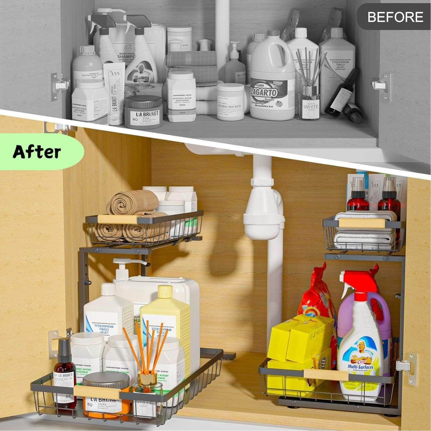 Heavy-Duty 2-Tier Under Sink Organizer - Adjustable Slide Rail Design