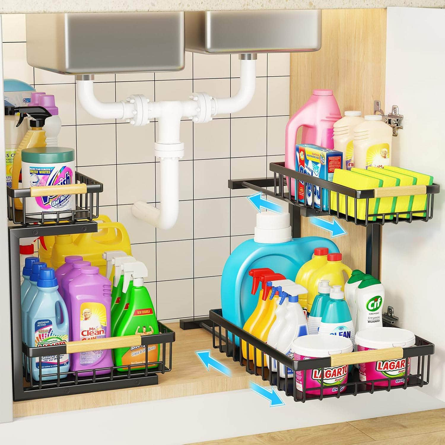 Heavy-Duty 2-Tier Under Sink Organizer - Adjustable Slide Rail Design