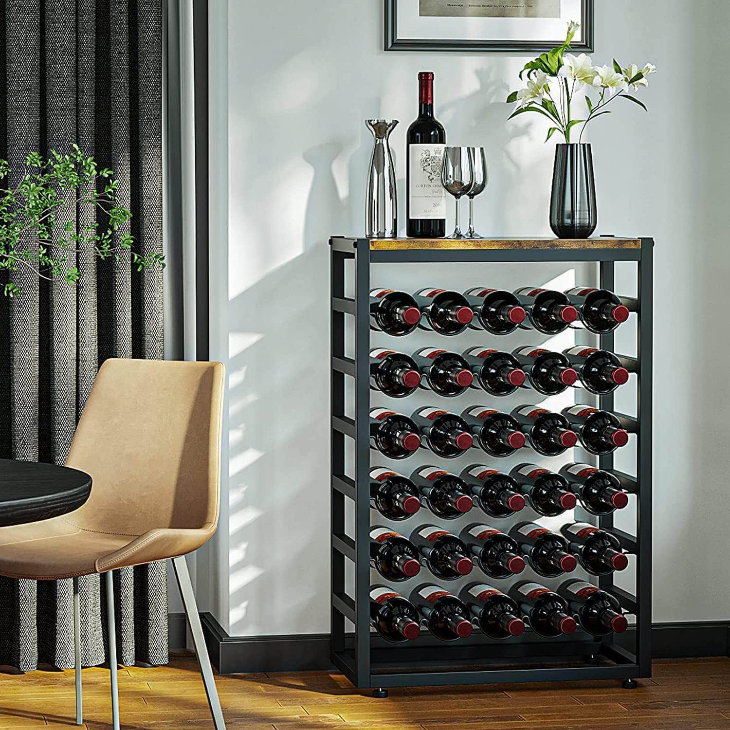 Heavy-Duty 6-Tier Wine Rack - 30 Bottle Storage Wooden Countertop