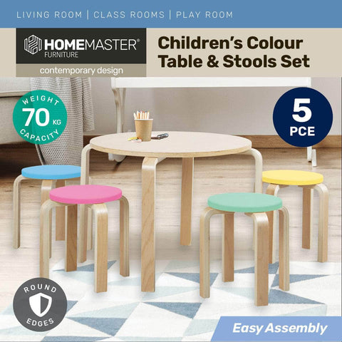 Home M5Pce Kids Wooden Table &Amp; Coloured Stools Set Stackable Sturdy