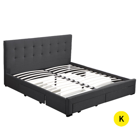 King Bed Frame Fabric 4 Storage Dark Grey