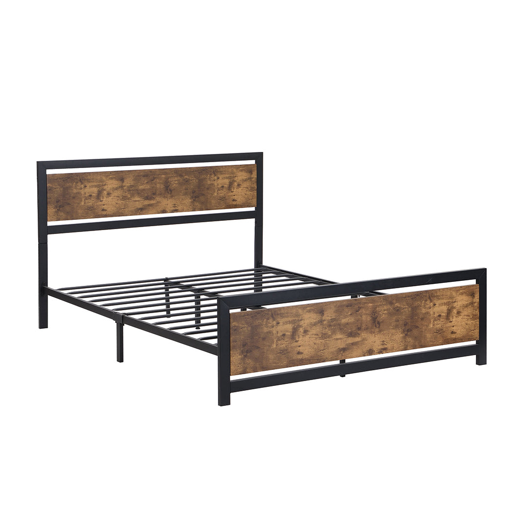 Rustic Wooden Industrial Metal Bed Frame for Double/Queen Mattress Base