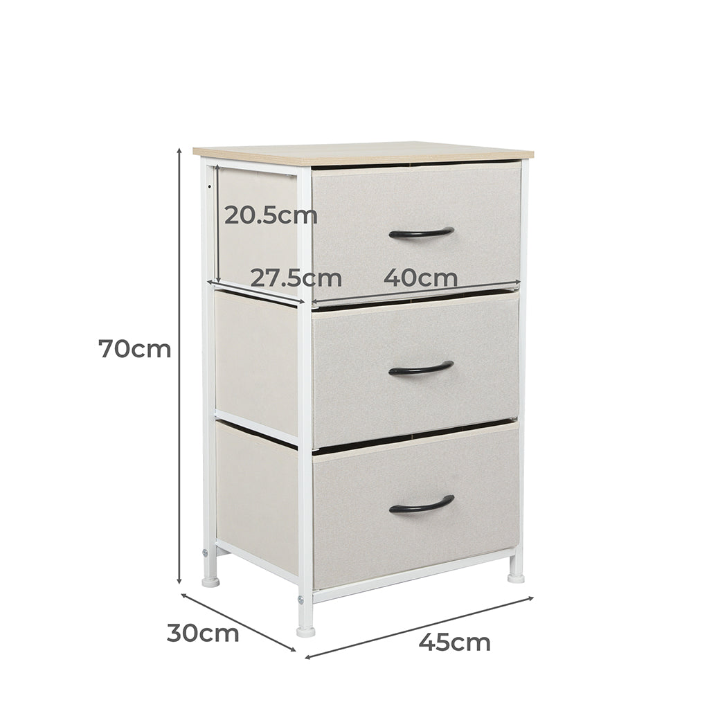 Chest of 3 Drawers Bedside Table Beige