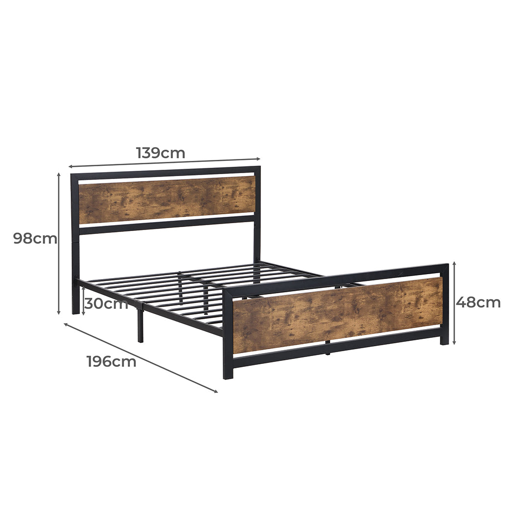 Rustic Wooden Industrial Metal Bed Frame for Double/Queen Mattress Base