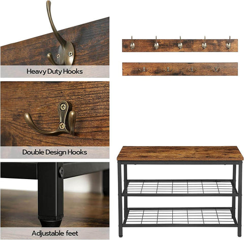 Industrial Design Entryway Shoe Rack With Coat Hooks Organizer (Brown)