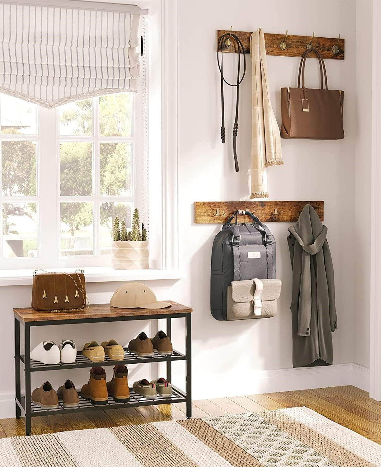 Industrial Design Entryway Shoe Rack With Coat Hooks Organizer (Brown)