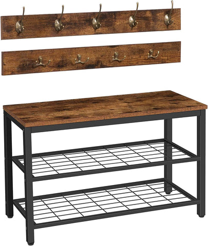 Industrial Design Entryway Shoe Rack With Coat Hooks Organizer (Brown)