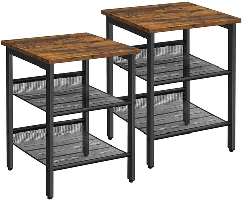 Industrial Set of 2 Bedside Tables with Adjustable Mesh Shelves Rustic Brown and Black