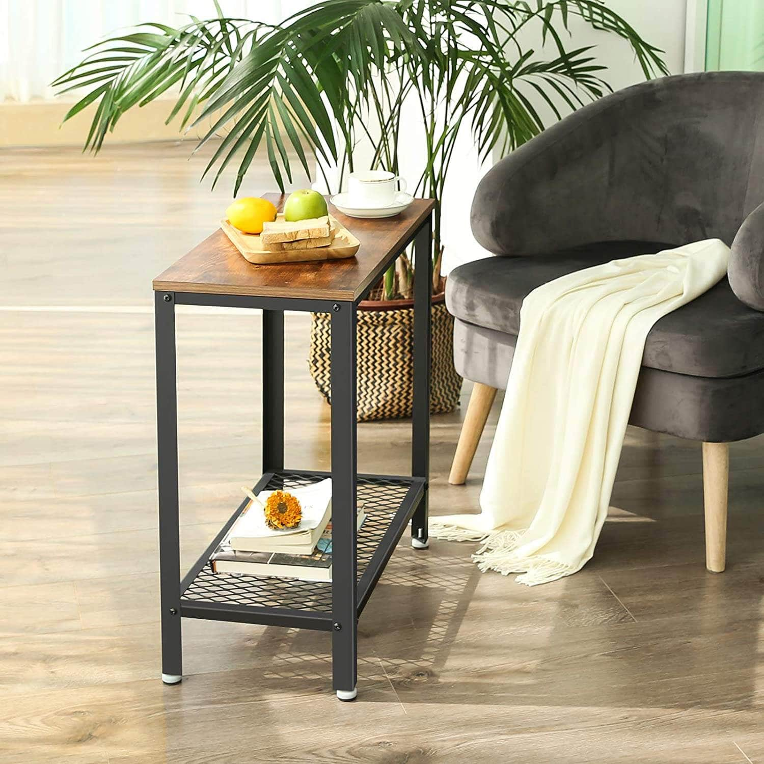 Industrial Side Table 2-Tier With Mesh And Metal Frame Rustic Brown