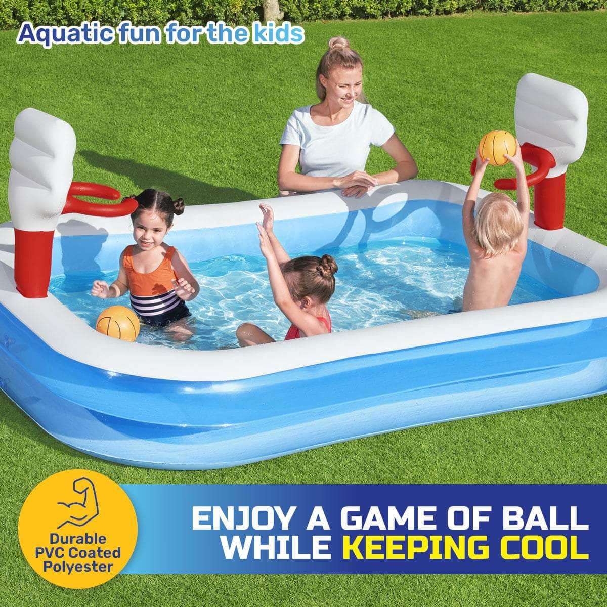 Inflatable Kids Basketball Pool Built-In Hoops Balls Included 636L