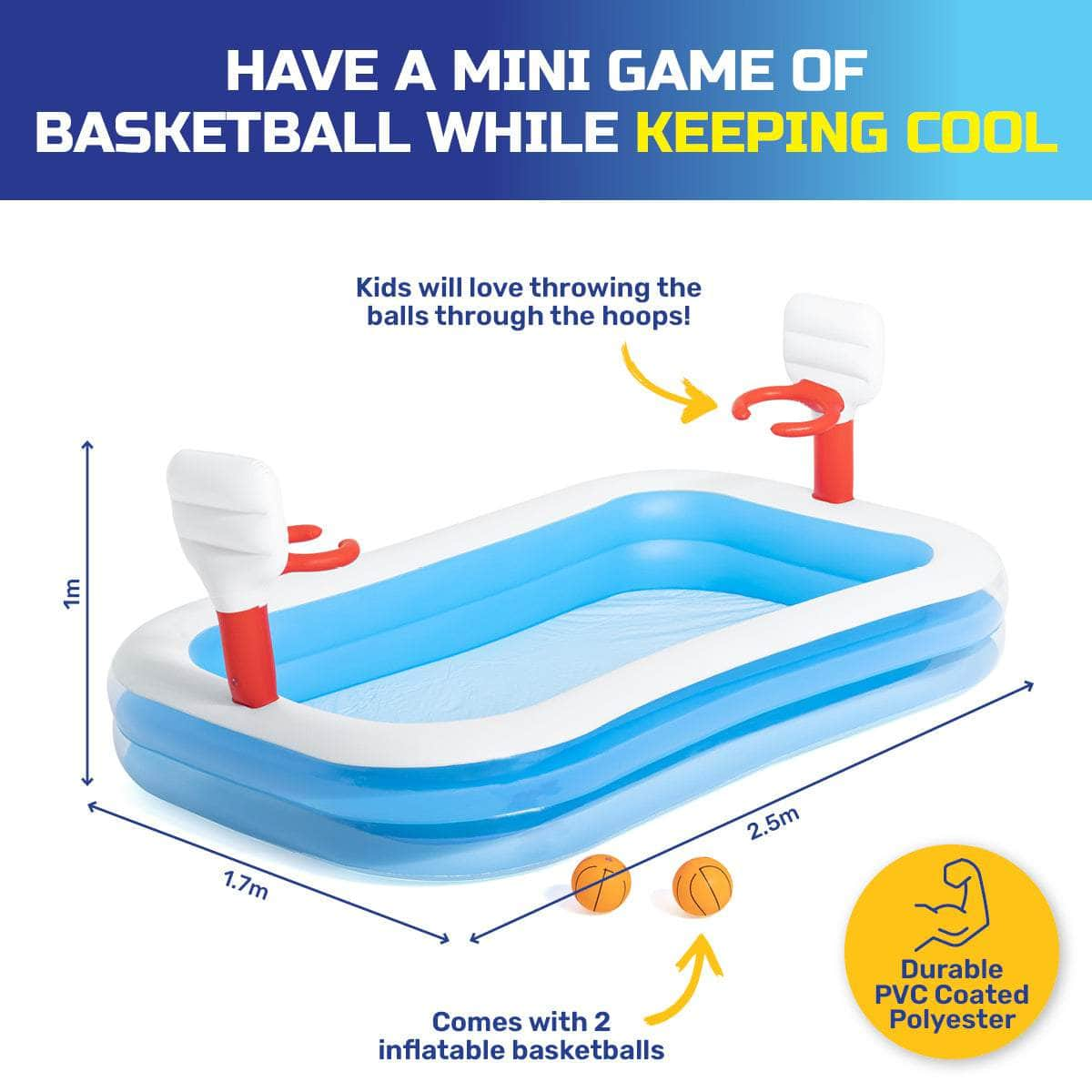 Inflatable Kids Basketball Pool Built-In Hoops Balls Included 636L