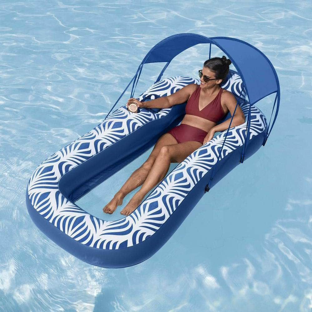 Inflatable Lounger with Sunshade Canopy 1.98x1.12m Blue