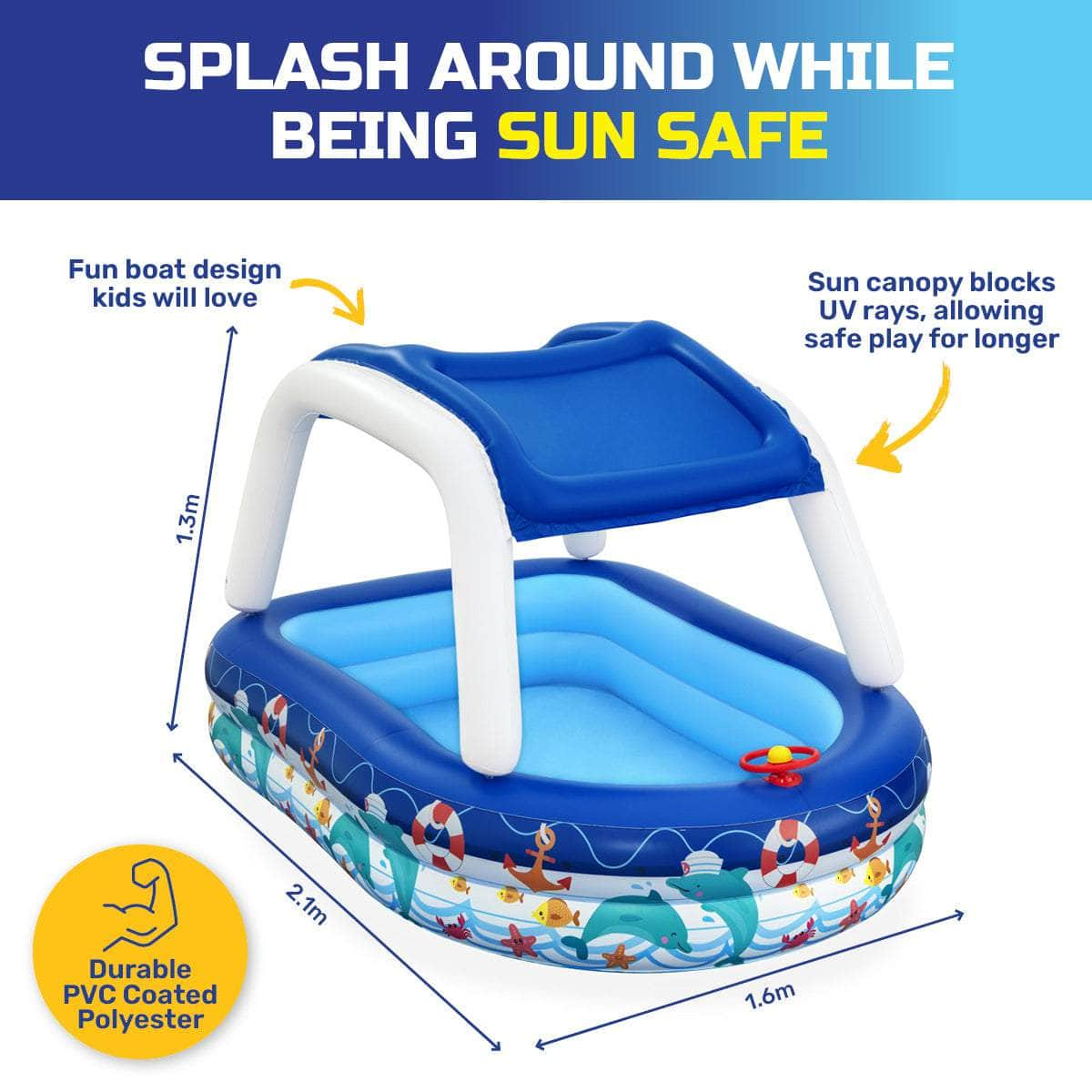 Inflatable Pool Removable Canopy Boat Design Ocean Themed 282L