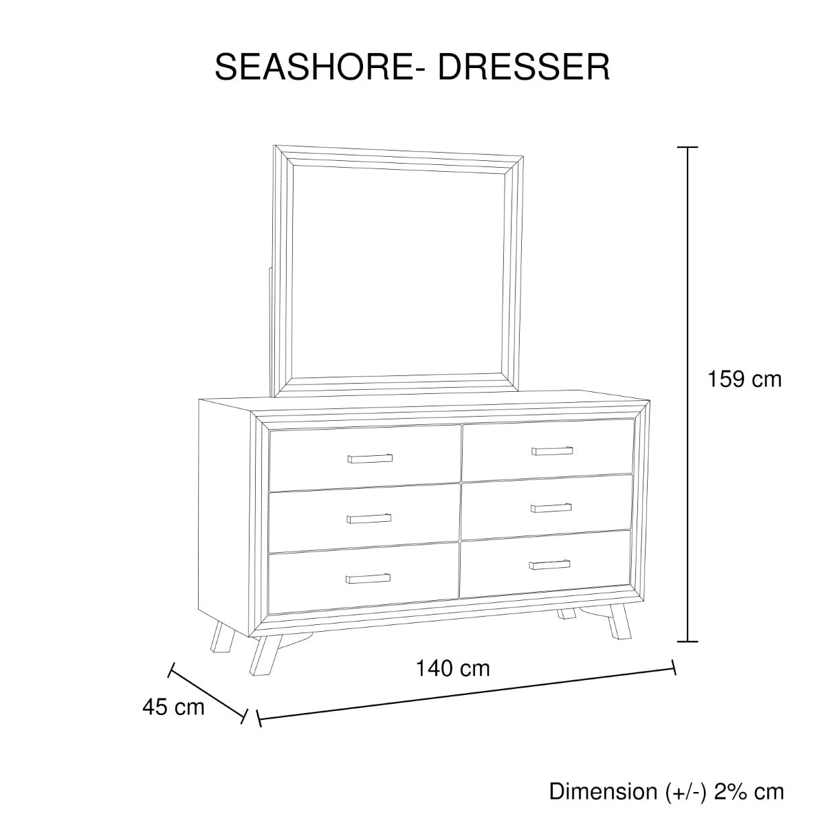 Dresser With 6 Storage Drawers In Solid Acacia With Mirror In Silver Brush