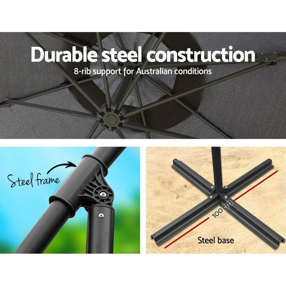 Instahut 3M Umbrella with 50x50cm Base Outdoor Umbrellas Cantilever Sun Stand UV Garden Charcoal