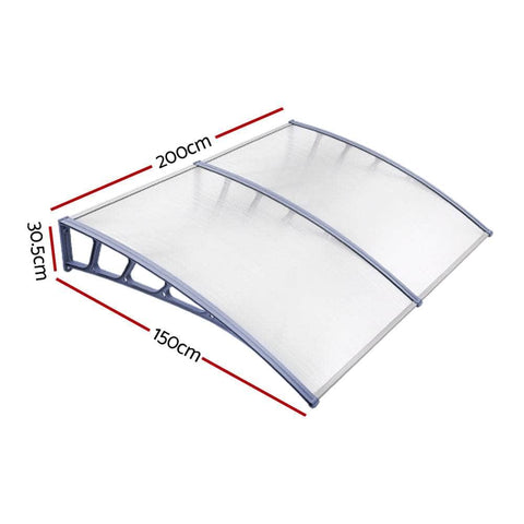 Window Door Awning Canopy 1.5Mx2M Transparent Sheet Grey Plastic Frame