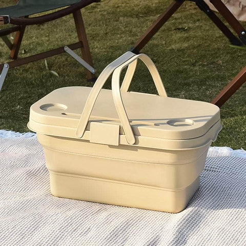 Ivory Foldable Outdoor Picnic Basket with Lid and Tabletop