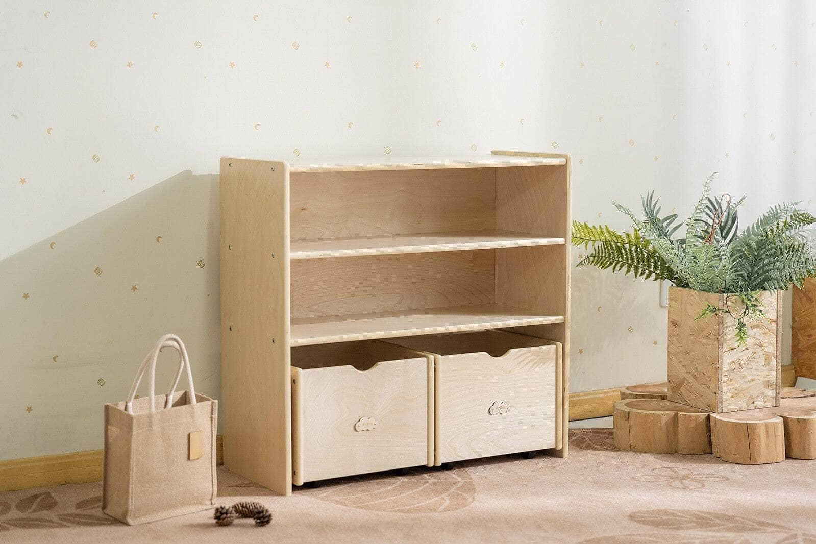 Kids 2 Shelf Storage Cabinet with Pull Out Drawers - H76cm