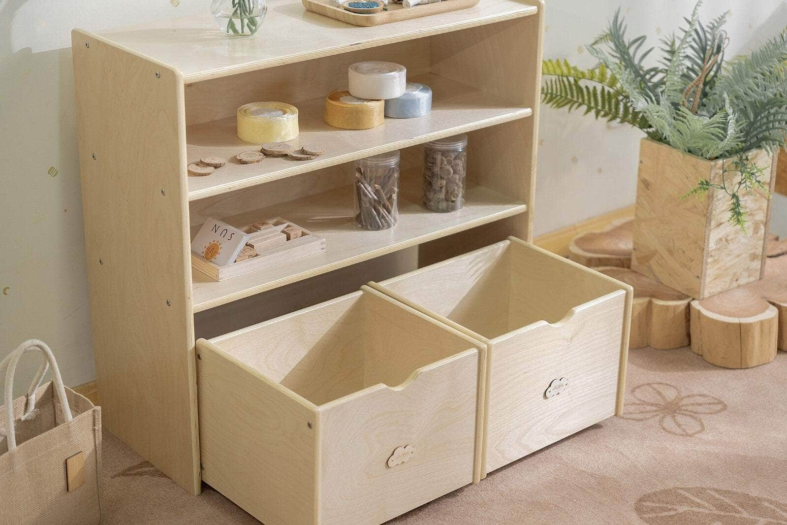 Kids 2 Shelf Storage Cabinet with Pull Out Drawers - H76cm