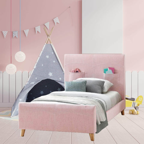 Kids Child Single Bed Fabric Upholstered Children Kid Timber Frame - Pink