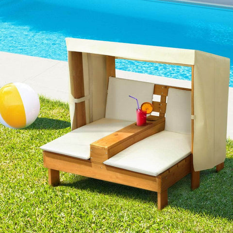 Kids Outdoor Double Wooden Lounge Chair with Canopy Chaise Cup Holders