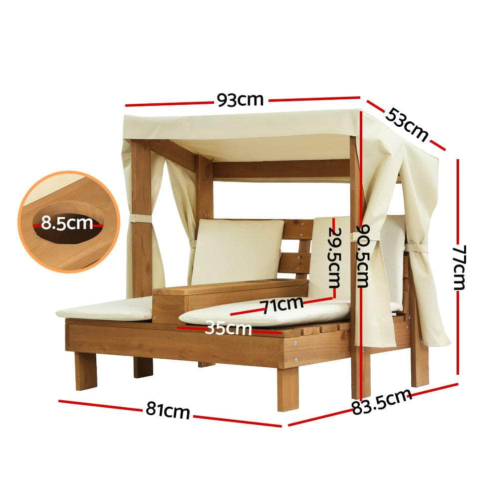 Kids Outdoor Double Wooden Lounge Chair with Canopy Chaise Cup Holders