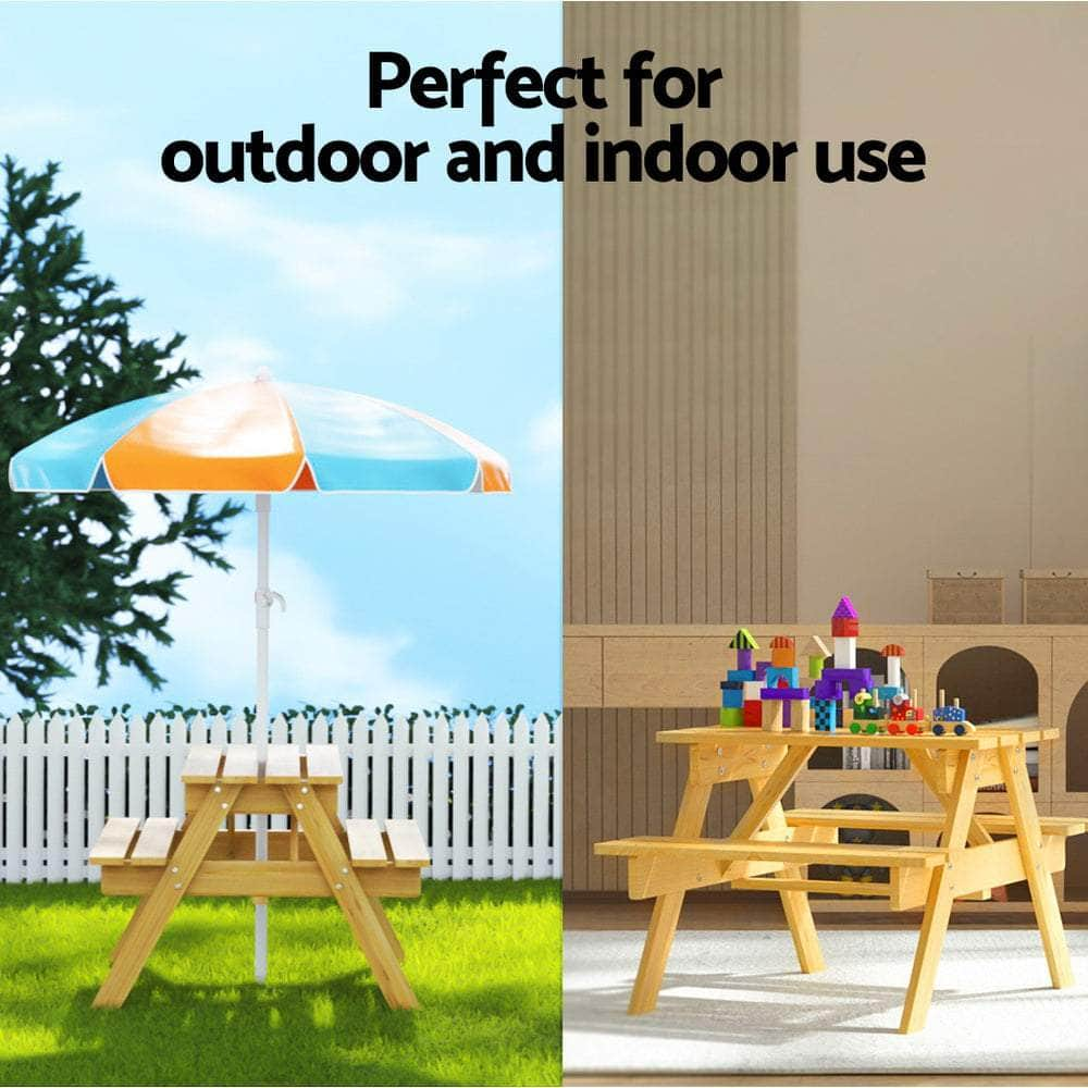 Kids Outdoor Table and Chairs Picnic Bench Seat Umbrella Children Wooden