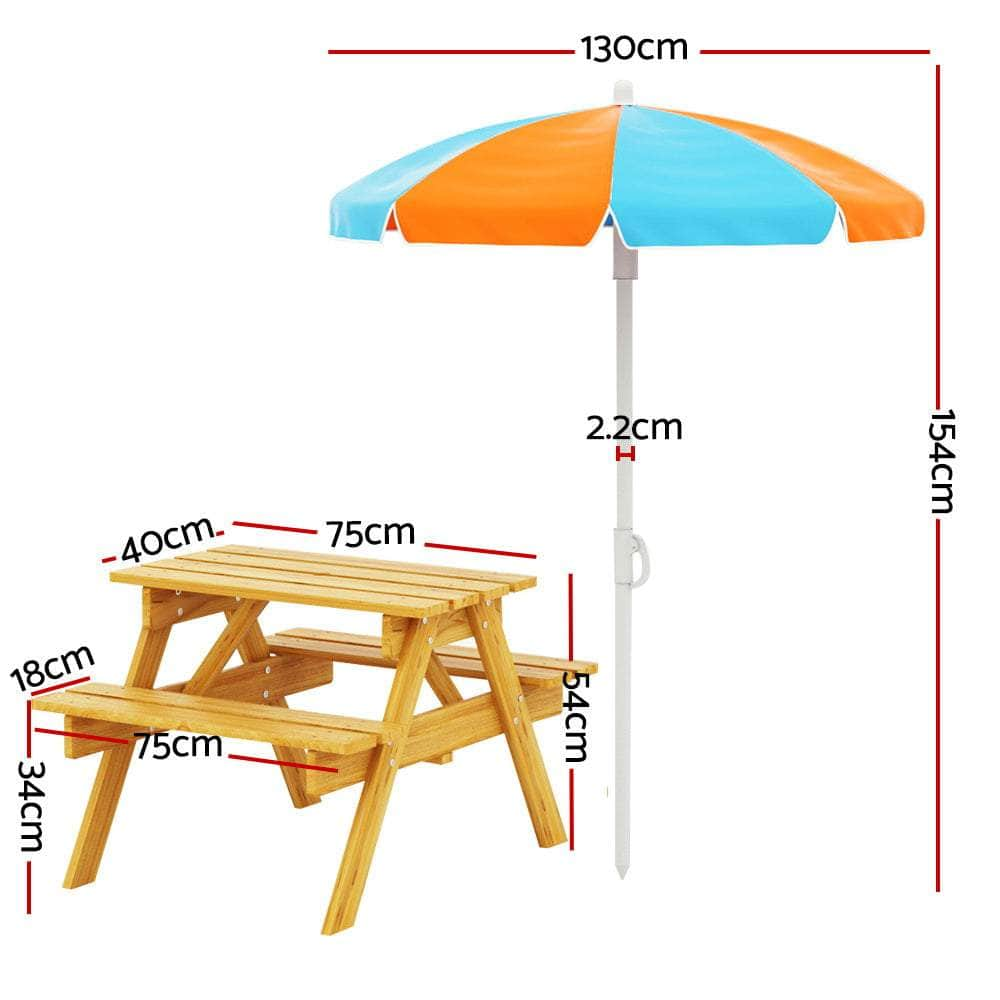 Kids Outdoor Table and Chairs Picnic Bench Seat Umbrella Children Wooden