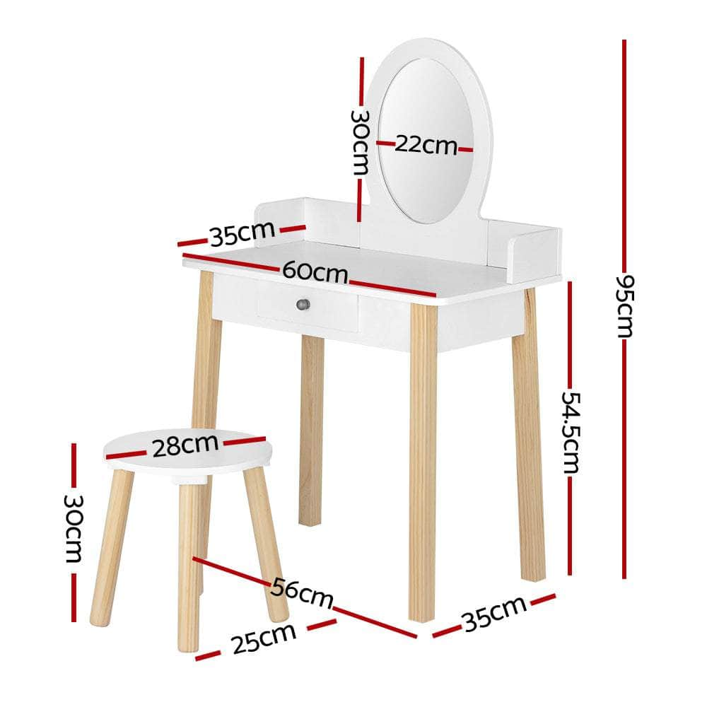 Kids Vanity Makeup Dressing Table Chair Set Wooden Leg Drawer Mirror White