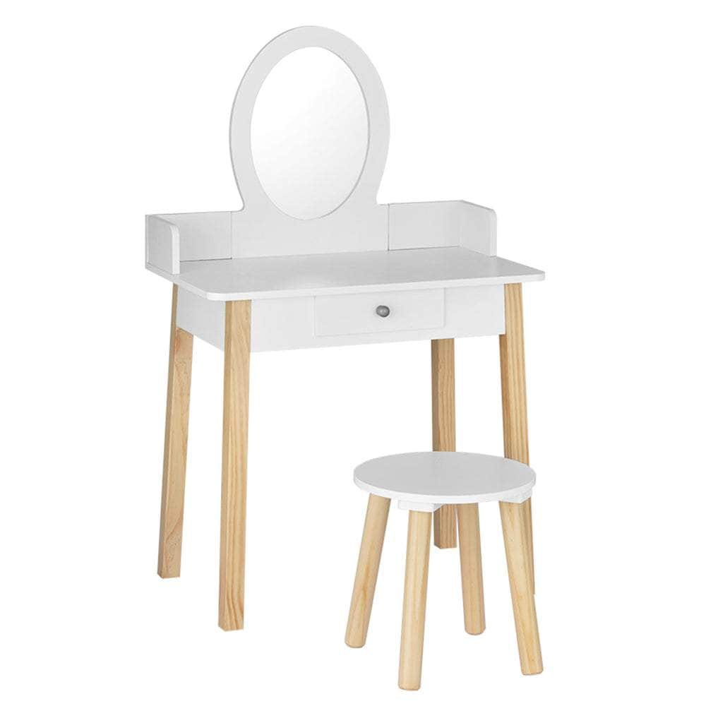 Kids Vanity Makeup Dressing Table Chair Set Wooden Leg Drawer Mirror White