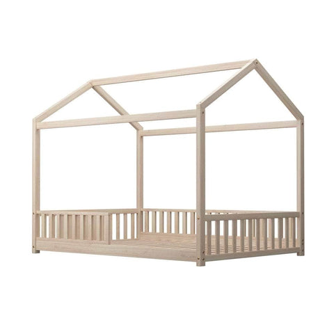 Kids Wooden Bed Frame Double Size House Platform Natural