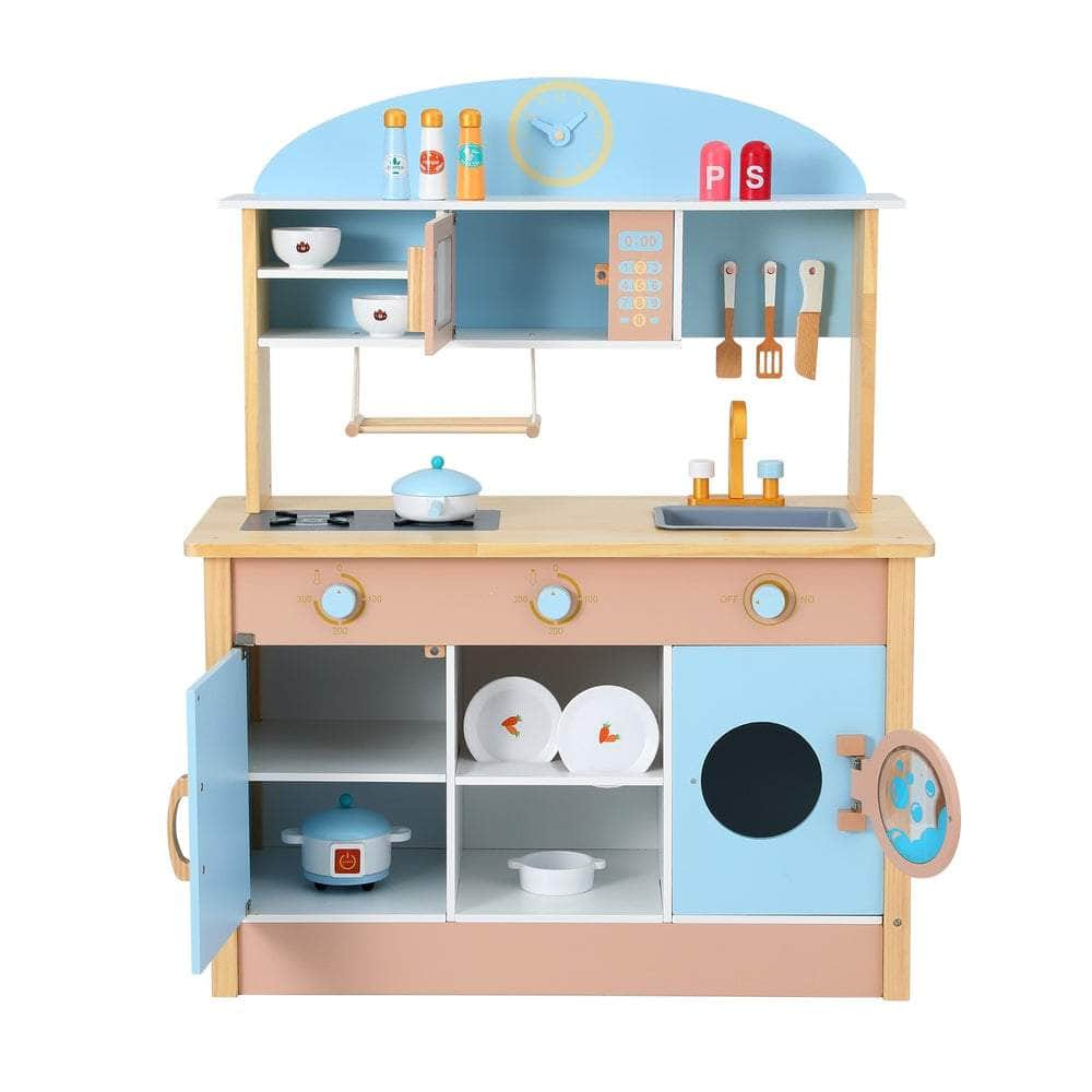 Kids Wooden Play Kitchen Set - Blue Cooking Toys