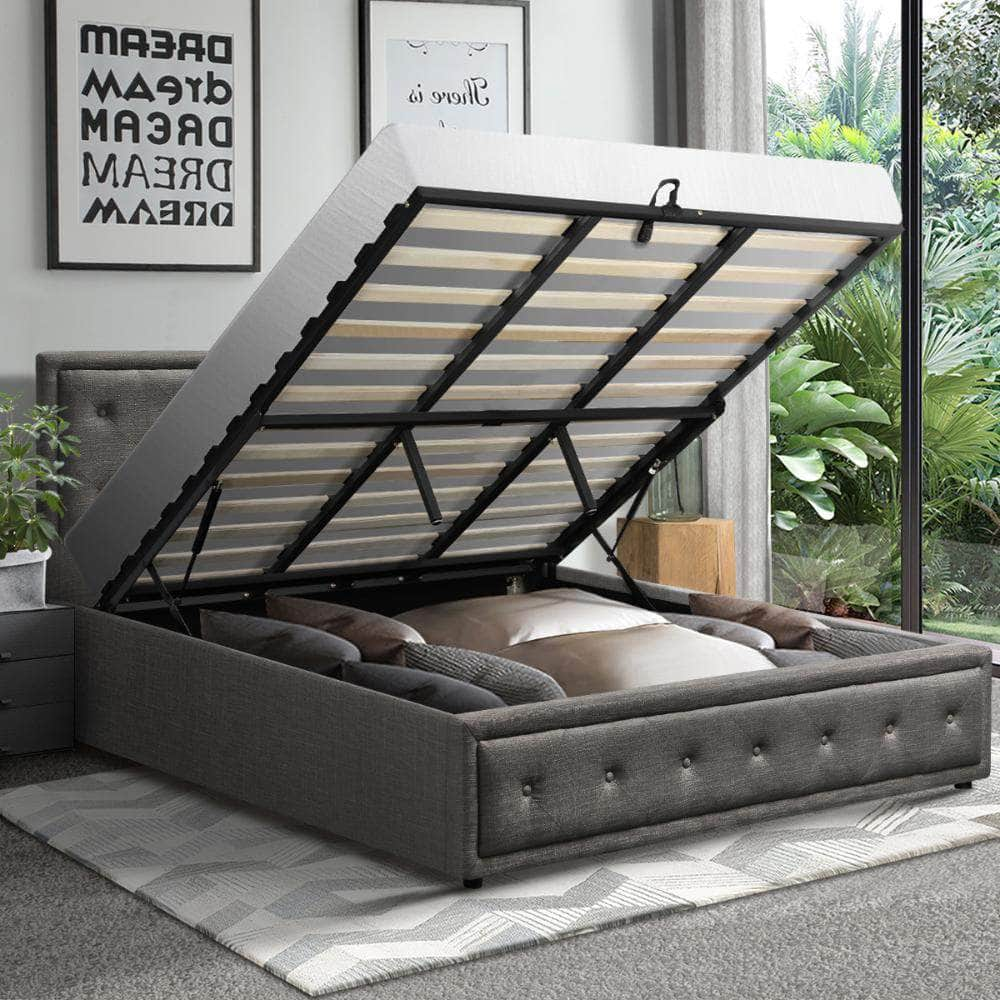 King Bed Frame with Storage Space Gas Lift Bed Mattress Base Grey