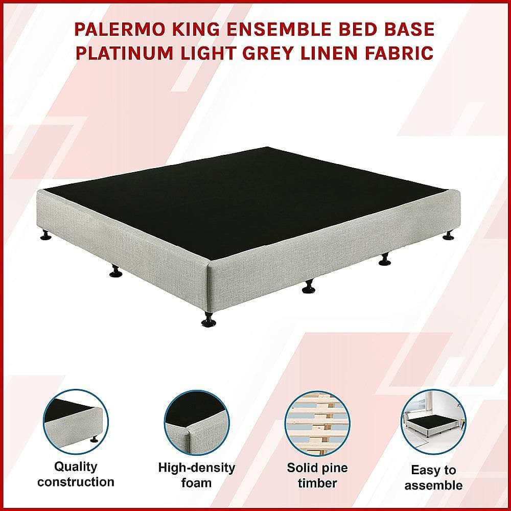 King Ensemble Bed Base Platinum Light Grey Linen Fabric