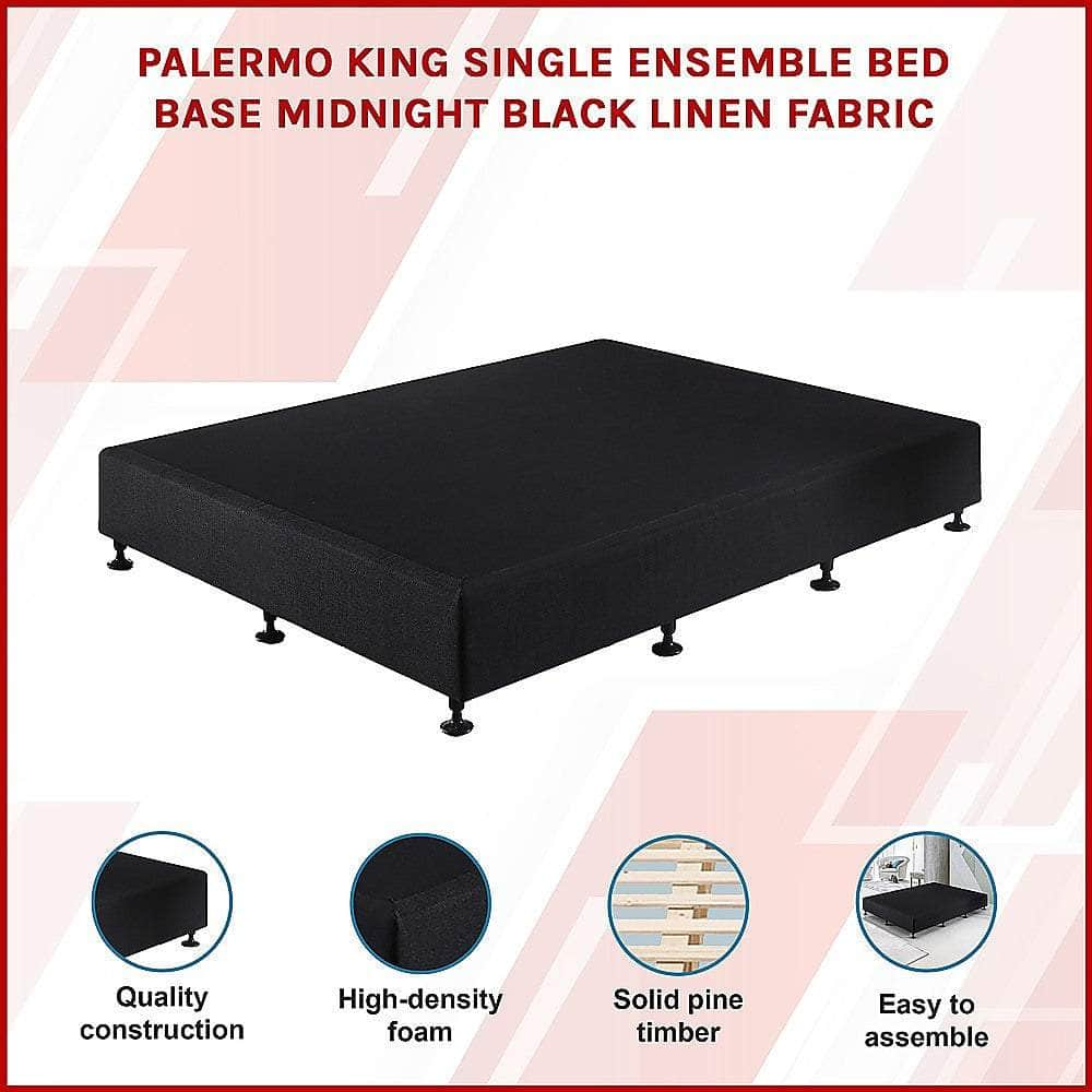 King Single Ensemble Bed Base Midnight Black Linen Fabric