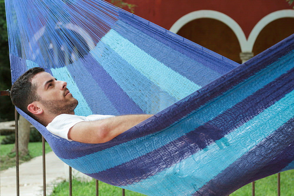 King Size Cotton Mexican Hammock in Caribbean Blue Colour