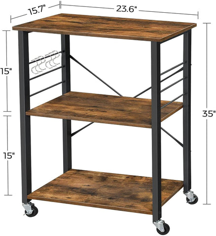 Kitchen Baker'S Rack,  3-Tier Serving Cart With Metal Frame And 6 Hooks, Rustic Brown