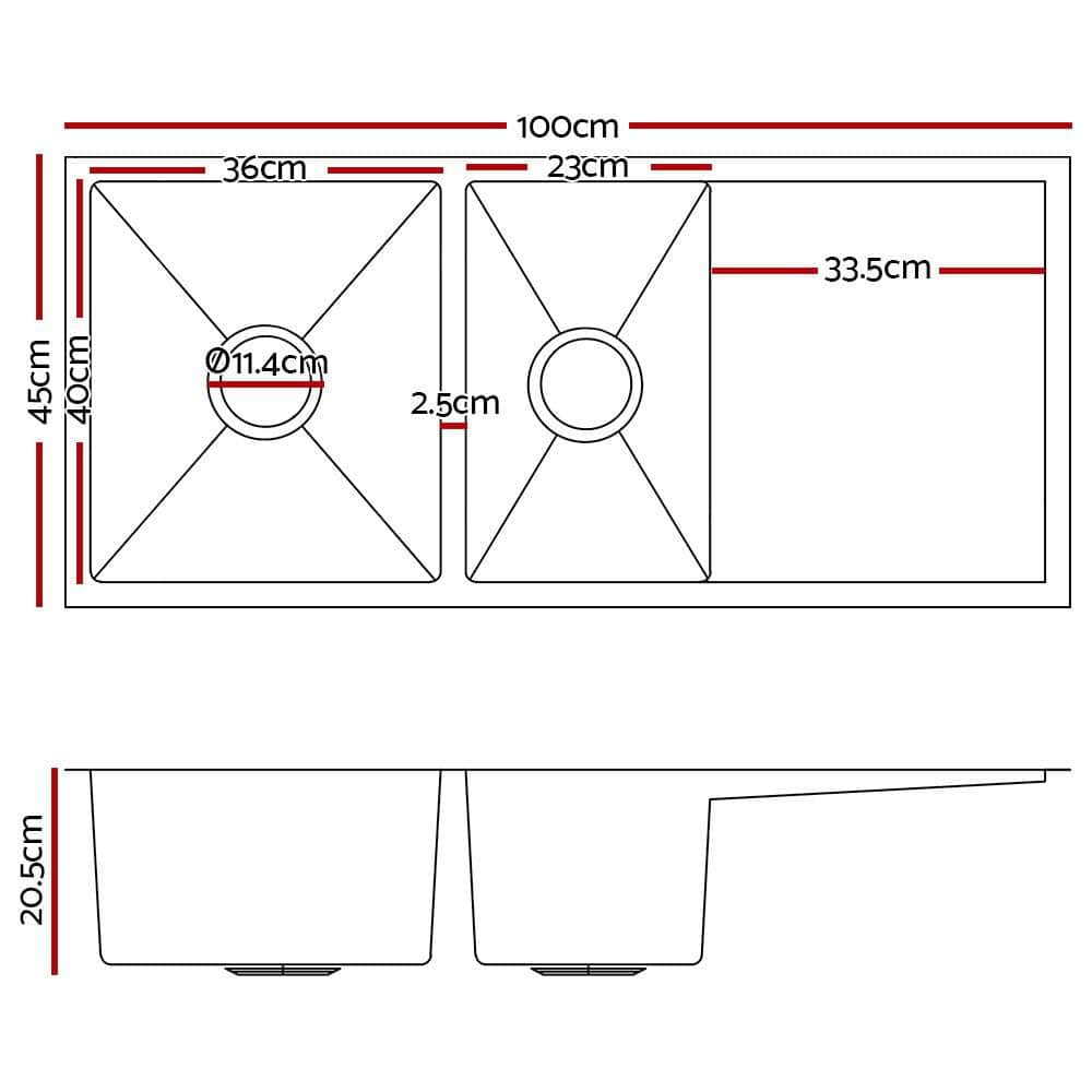 Kitchen Sink 100X45Cm Stainless Steel Basin Double Bowl Laundry Black