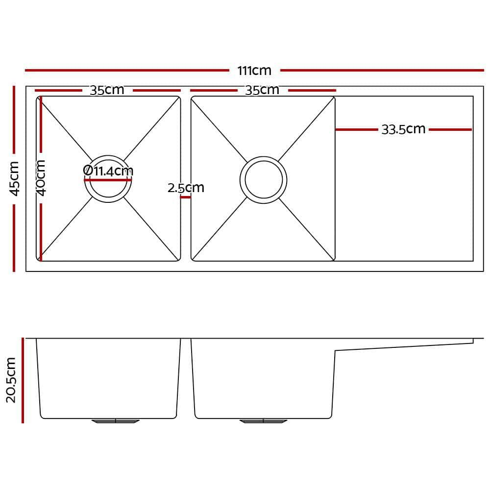 Kitchen Sink 111X45Cm Stainless Steel Basin Double Bowl Laundry Silver