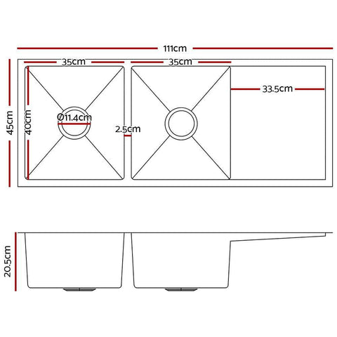 Kitchen Sink 111X45Cm Stainless Steel Basin Double Bowl Laundry Silver