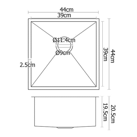 Kitchen Sink 44X44Cm Stainless Steel Basin Single Bowl Laundry Silver