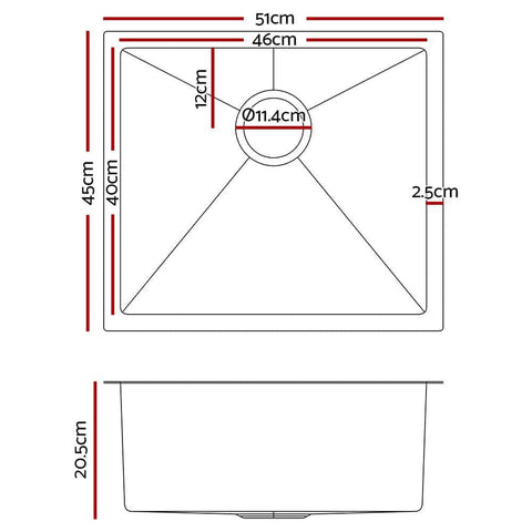 Kitchen Sink 51X45Cm Stainless Steel Basin Single Bowl Laundry Silver