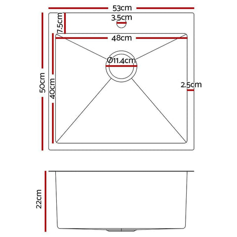 Kitchen Sink 53X50Cm Stainless Steel Basin Single Bowl Laundry Silver