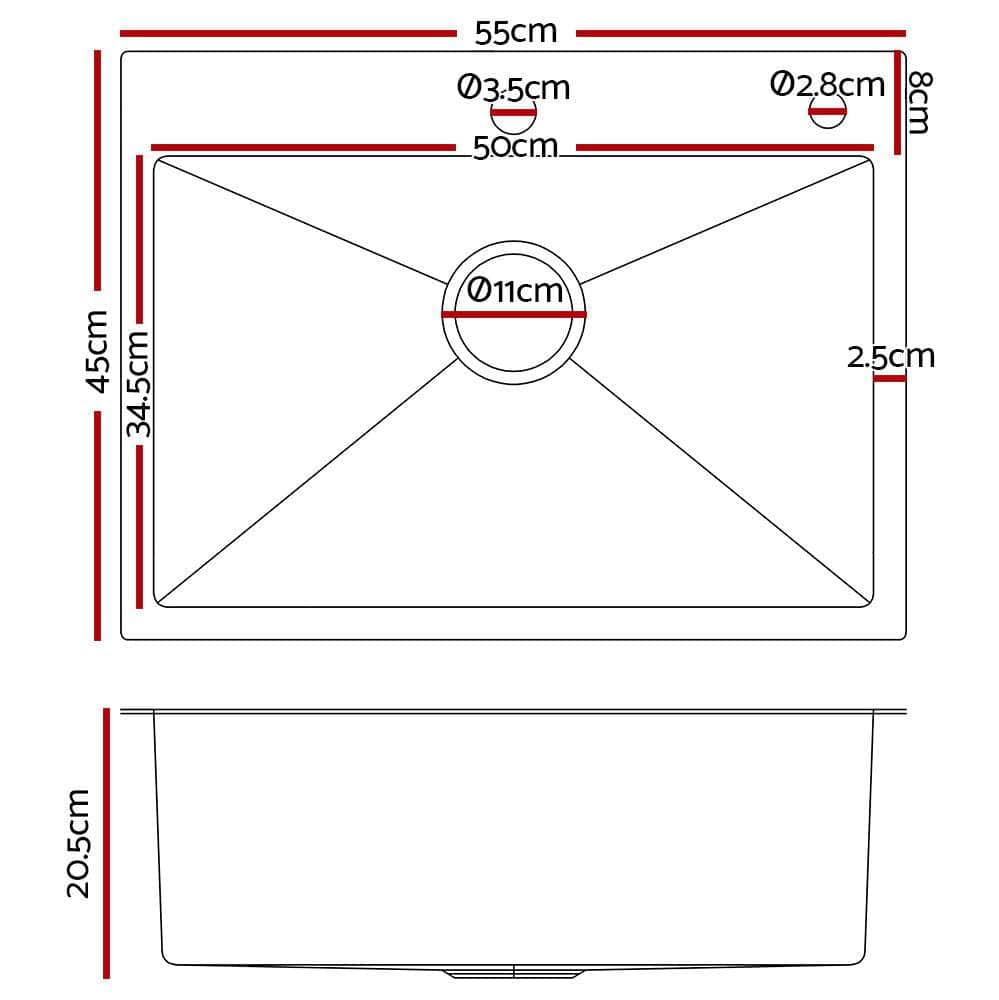 Kitchen Sink 55X45Cm Stainless Steel Basin Single Bowl Extra Hole Silver