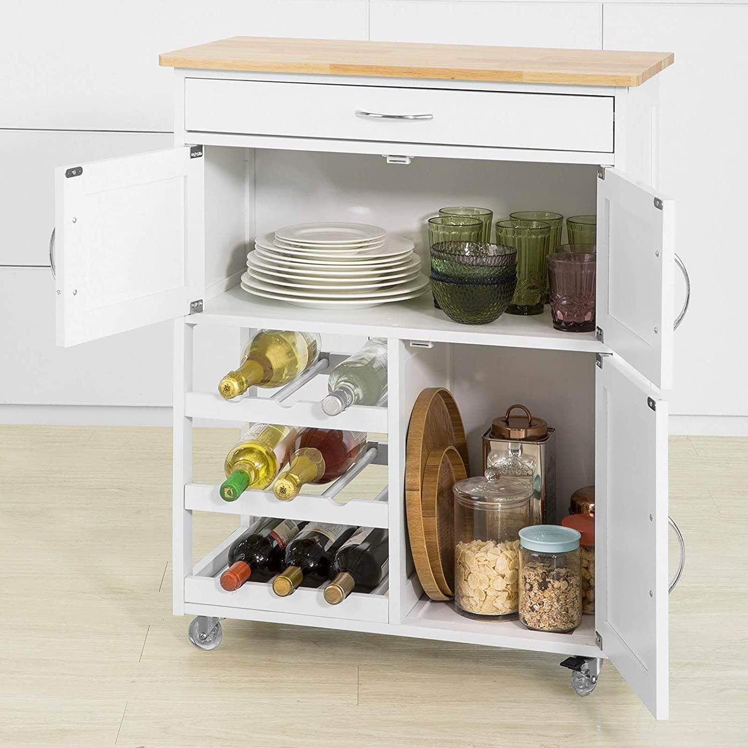 Kitchen Trolley With Wine Racks, Portable Workbench And Serving Cart